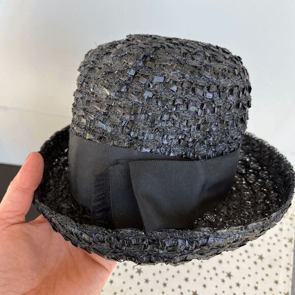 Vintage 50s Black Straw Cloche Hat • Grosgrain Bow, Up-Turn Brim - Picture 7 of 13